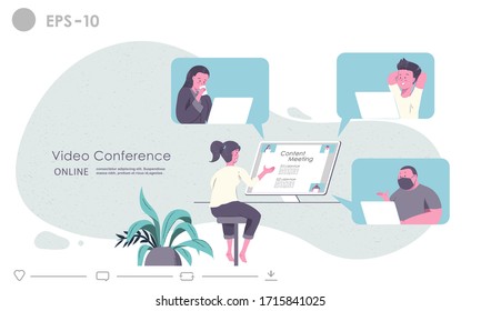 Creative live work from home illustration. Video conference infographic online meeting concept to avoid spreading coronavirus. Social distancing effect of coronavirus epidemic to people and business.