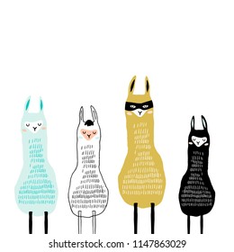 Llamas creativas impresas. Diseño listo para guardería, ropa infantil, afiche, postal. Ilustración vectorial