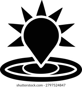 Creative location pin design featuring sun graphic elements and concentric circles symbolizing weather forecasting or sunny tourism travel hotspots on digital map interfaces.