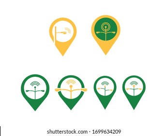 Creative Location Pin Icon, Logo Set with Street Lamp Post, Street Light and Antena Vector Template EPS 10