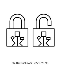 Bloqueo creativo, desbloquear el contorno de iconos negros conjunto. Símbolo de seguridad de línea. Diseño de señalización Ui de contorno plano. Concepto de contraseña. Pictograma gráfico lineal para web, aplicación móvil. Ilustración del logotipo. EPS vectorial 10.