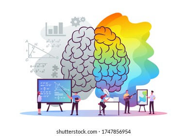 Creative and Logic Thinking Concept. Tiny Male and Female Characters at Huge Human Brain Separated on Left and Right Parts, Analytics Logical and Artists Mind. Cartoon People Vector Illustration