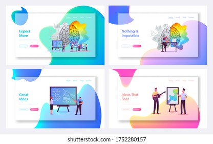 Creative and Logic Thinking Landing Page Template Set. Tiny Characters at Huge Human Brain Separated on Left and Right Parts, Analytics Logical and Artists Mind. Cartoon People Vector Illustration