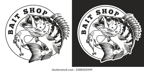 A creative logo for a bait shop showcases a large detailed fish with a lure in its mouth. The design is bold in black and white making it easily recognizable for fishing enthusiasts.