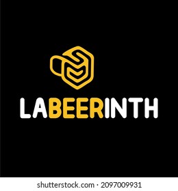 Creative logo for beer brand, pub, beer restaurant. Labyrinth, beer laboratory. The logo is stylized as a labyrinth in a beer glass 