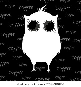 A creative logo for a coffee shop with the silhouette of an owl and eyes from mugs of black coffee with foam and inscription. Marketing material, banner concept for a website, template menu cover.