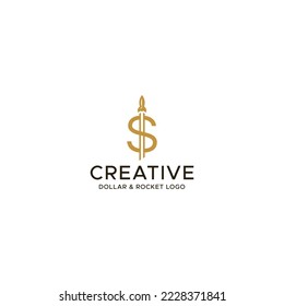 Creative logo combination of dollar and rocket. Up rocket vector design. Gold dollar symbol. Luxury and unique golden logo. Illustration of up dollar currency. Brown S letter icon. S initial business