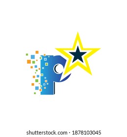 P Lettre initiale Conception du logo avec pixels numériques dominés par le bleu et le jaune