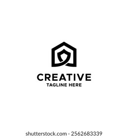 Creative logo combine of home and shield. Home launch symbol. Smart vector illustrator of house. Unique outline sign and symbol. Geometric. Estate. Home marketing, invest. Home protection. Mortgage.