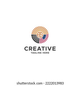 Creative logo combine of sun, solar panel and united state flag. sun, solar logo, flag symbol. Logo for solar energy. Rounded. Circle, circular. Illustration vector logo design.