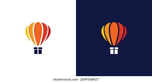Logotipo creativo que combina un globo de aire caliente colorido y una forma de caja de regalo. Perfecto para la marca de entrega, evento, viaje o celebración.