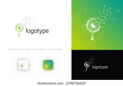 Creative logo combining dandelion with hot air balloon, symbolizing freedom, dreams, new beginnings. Ideal for eco brands, wellness, startups, creative agencies. Isolated vector logo concept.