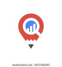 Logotipo creativo que combina un pin de ubicación rojo con una punta de lápiz, con una lupa que revela un gráfico de barras azules en el interior