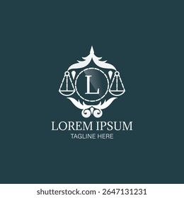 Um logotipo criativo que combina uma escala e a letra L em um design coeso que simboliza justiça e equilíbrio. A escala representa justiça e integridade, enquanto a letra L adiciona um corpo ou pessoa