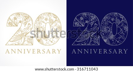 Creative logo concept of 20th anniversary in ethnic patterns and birds of paradise. Isolated abstract graphic design template. Top 20 sign. 20% percent off shopping sale.