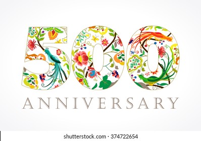 Creative logo concept of 500th anniversary congrats in ethnic patterns and birds of paradise. Isolated abstract graphic design template. Top 500, 5 and 0 numbers set. Age symbol. Decorative ornament.