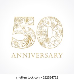 Creative logo concept of 50th anniversary in ethnic patterns and birds of paradise. Isolated abstract graphic design template. Top 50 sign. 50% percent off shopping sale. svg