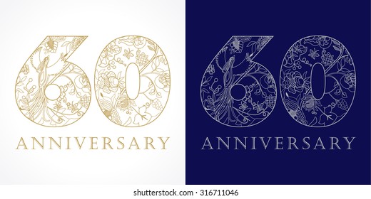 Creative logo concept of 60th anniversary in ethnic patterns and birds of paradise. Isolated abstract graphic design template. Top 60 sign. 60% percent off shopping sale.