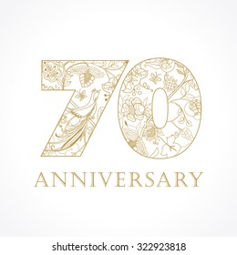 Creative logo concept of 70th anniversary in ethnic patterns and birds of paradise. Isolated abstract graphic design template. Top 70 sign. 70% percent off shopping sale.