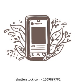 Creative logo concept about social networks with  smartphone or mobile phone and flower bouquet, plants, foliage and leaves. Vector freehand illustration for emblem, label or sign about communication