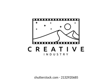 Creative Logo Concept An Abstract Image Of Desert Full Of Stars And Moonlight With Film Strip In Simple Flat Line Art Style.