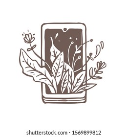 Creative logo concept with smartphone or mobile phone and flower bouquet, plants, foliage and leaves. Vector freehand illustration for emblem, label or sign about communication and social networks