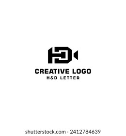 Creative logo of D and H letter with camera symbol. Sophisticated combine of video or photo camera. 
Strong, bold initial logo design.
Best Icon for photography or video graphic. Unique black vector
