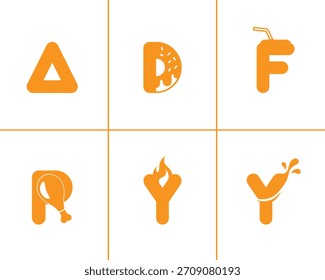 Un logotipo creativo diseña Elementos relacionados con la comida como una bebida, una rosquilla, un pollo, una llama y un chapoteo.