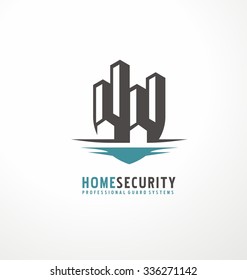 Creative logo design with city skyline  as part of the shield. Home security business symbol. Unique icon concept for insurance company or guard company. 