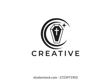 Diseño de logotipo creativo con ataúd y símbolo de cruz