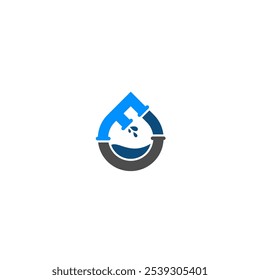 A creative logo design combining the letter "F" with plumbing elements. The letter "F" is formed by a pipe, and a water droplet flows from it into a circular pipe