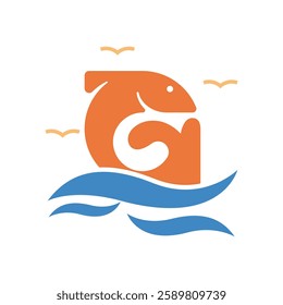 A creative logo design combining letter, fish, and water elements in a harmonious composition. The design symbolizes fluidity, nature, and identity. Editable file