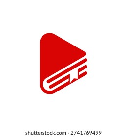 A creative logo design combining a red play button symbol with a book icon, featuring a bookmark, on a white background.