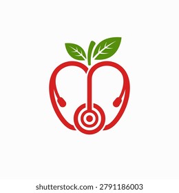 Creative logo design combining a red apple with a stethoscope, symbolizing healthy living, nutrition, and medical care. Ideal for clinics, wellness centers, and nutritionists.