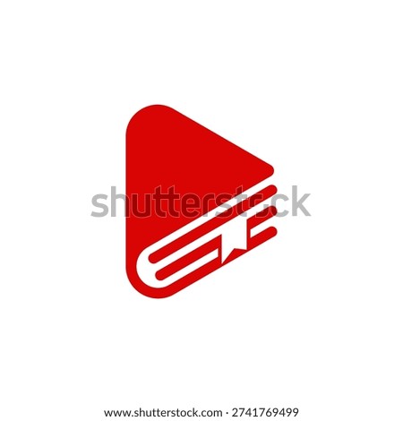 A creative logo design combining a red play button symbol with a book icon, featuring a bookmark, on a white background.