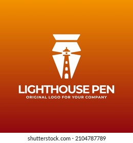 Creative logo design with the concept of combining a lighthouse and a pen.