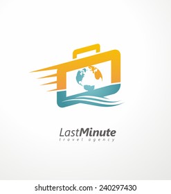 Creative Logo Design Concept For Travel Agency. Suitcase With Motion Trail And World Map Symbol Template. Unique Icon Idea For Last Minute Vacation.