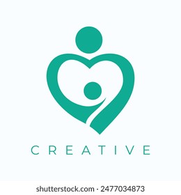 The creative logo design features a mother and child icon depicted in the shape of a green heart. Suitable for various branding purposes such as health clinics, medical services,