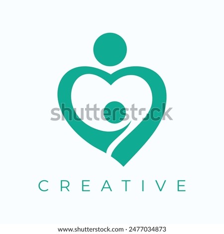 The creative logo design features a mother and child icon depicted in the shape of a green heart. Suitable for various branding purposes such as health clinics, medical services,