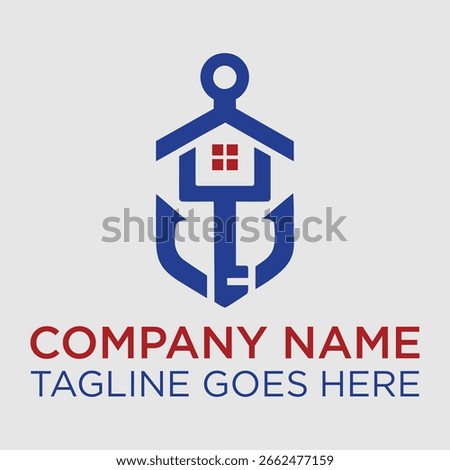 A creative logo design featuring an anchor combined with a house rooftop and window, symbolizing strength, security, and home. Ideal for real estate, property management, construction.