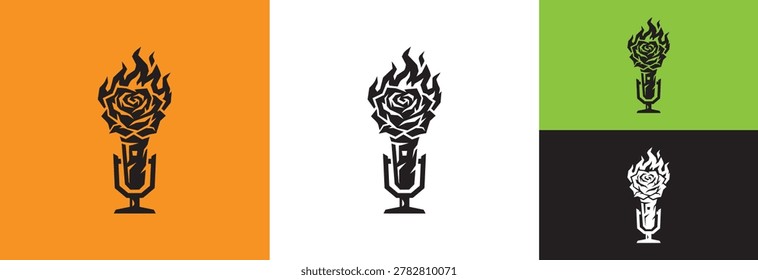 Creative logo design featuring burning rose atop microphone. Symbolizes passion, voice, protest, revolution, music, speech, and empowerment. Unique emblem for brand identity, podcast, or event.