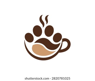 A creative logo design featuring a coffee cup combined with an animal paw print, symbolizing a pet-friendly cafe or coffee shop, isolated on white background.