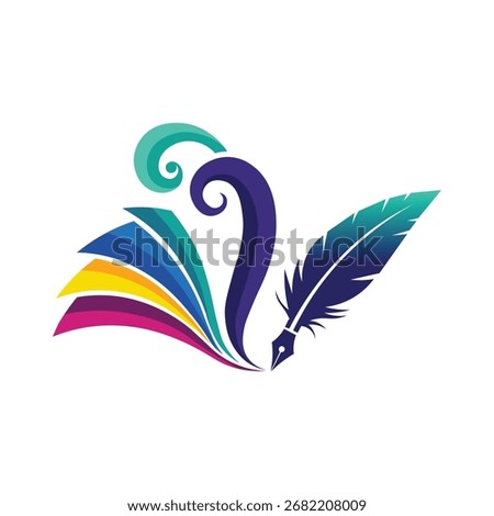 Creative logo design featuring a colorful book, pen, and abstract swirl. Perfect for writers, authors, publishers, or education.