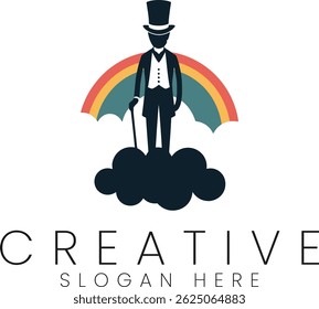 Design de logotipo criativo com um elegante cavalheiro em uma nuvem com um arco-íris ilustração tophat