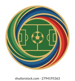 A creative logo design featuring a green soccer field with a ball in the center, surrounded by a dynamic, colorful spiral frame on a white background.