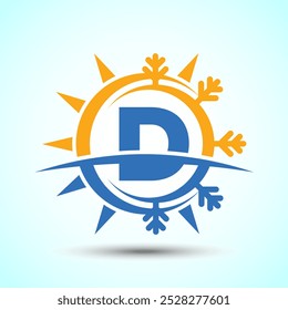 Alfabeto inicial D con sol y nieve abstractos. Signo del logotipo del acondicionador de aire, símbolo caliente y frío