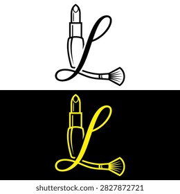A creative logo design featuring the letter L cleverly integrated with a lipstick tube and a makeup brush in both black and yellow outlines.