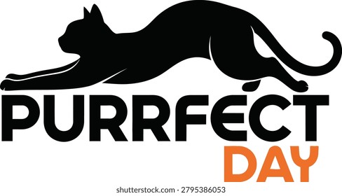 A creative logo design featuring a silhouette of a black cat stretching above the text Purrfect Day, ideal for pet shops, veterinary clinics, or brands.