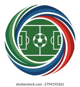 A creative logo design featuring a soccer field and a football ball centered within a dynamic, colorful spiral frame, isolated on white background.