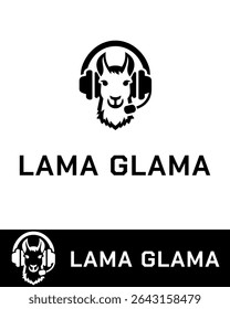 A creative logo design featuring a stylized llama wearing a headset with a microphone in black and white